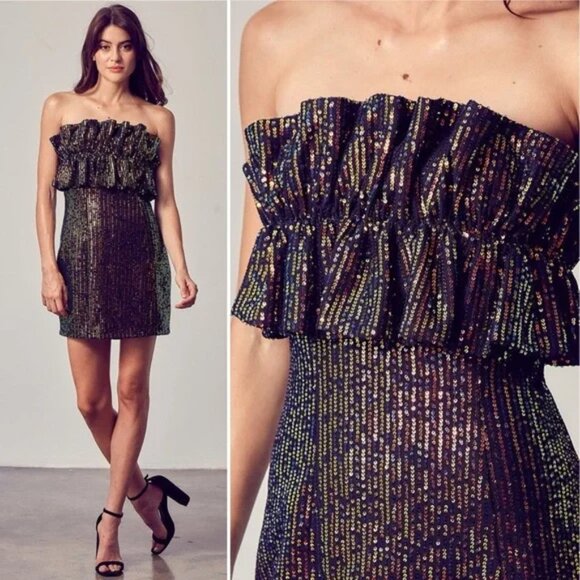 Thirty Thirty‎ LA Strapless Sequin Multi-Color Ruffle Dress Size Small - Picture 1 of 11